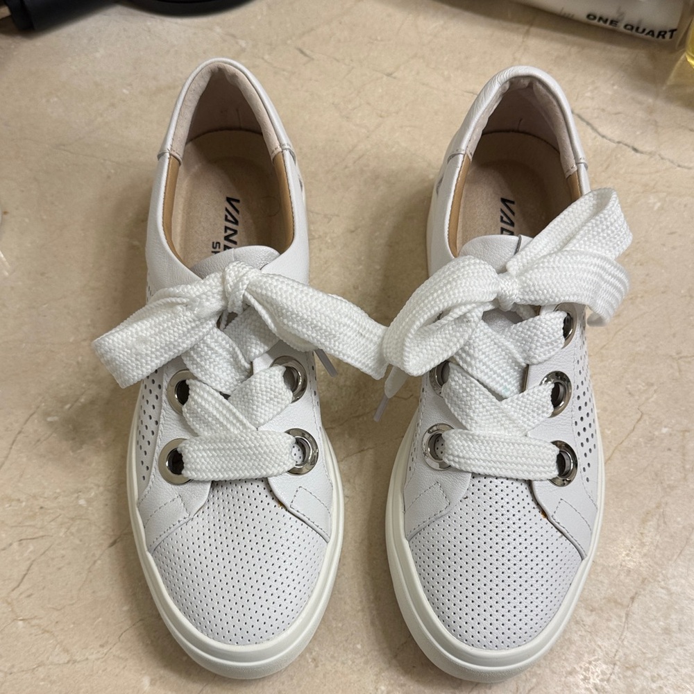 Vaneli Sport White leather Perforated Lace-Up Sneakers with Ribbon Laces